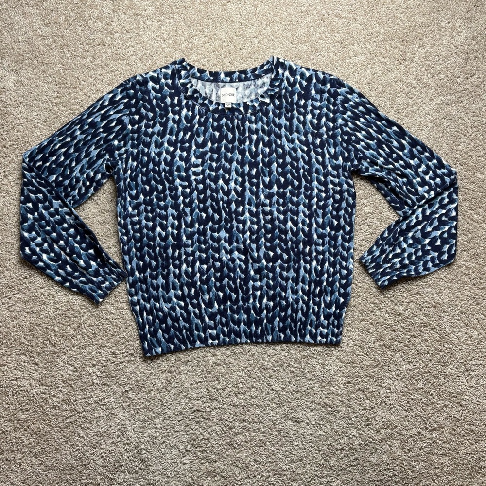 NIC+ZOE Navy and Light Blue Patterned Crewneck Sweater